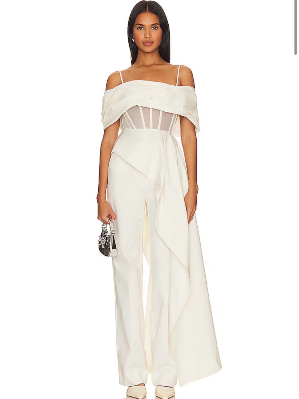 NBD Navi Ivory Off Shoulder Draped Mesh Corset Top REVOLVE